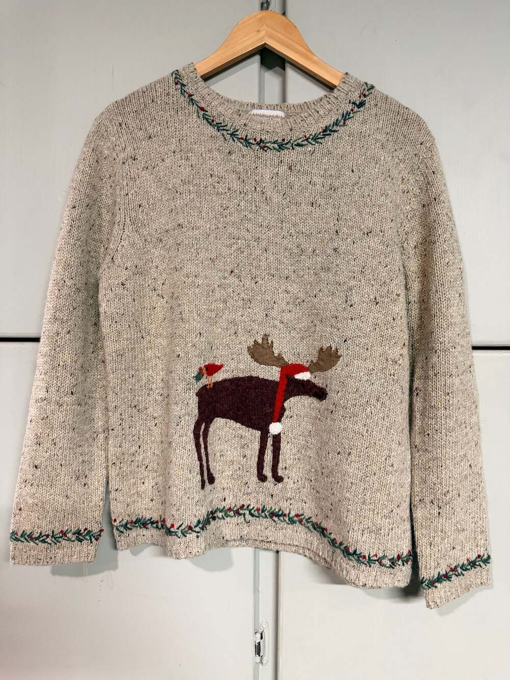 Coldwater Creek Women's Tan Moose and Cardinal Crewneck Knit Sweater